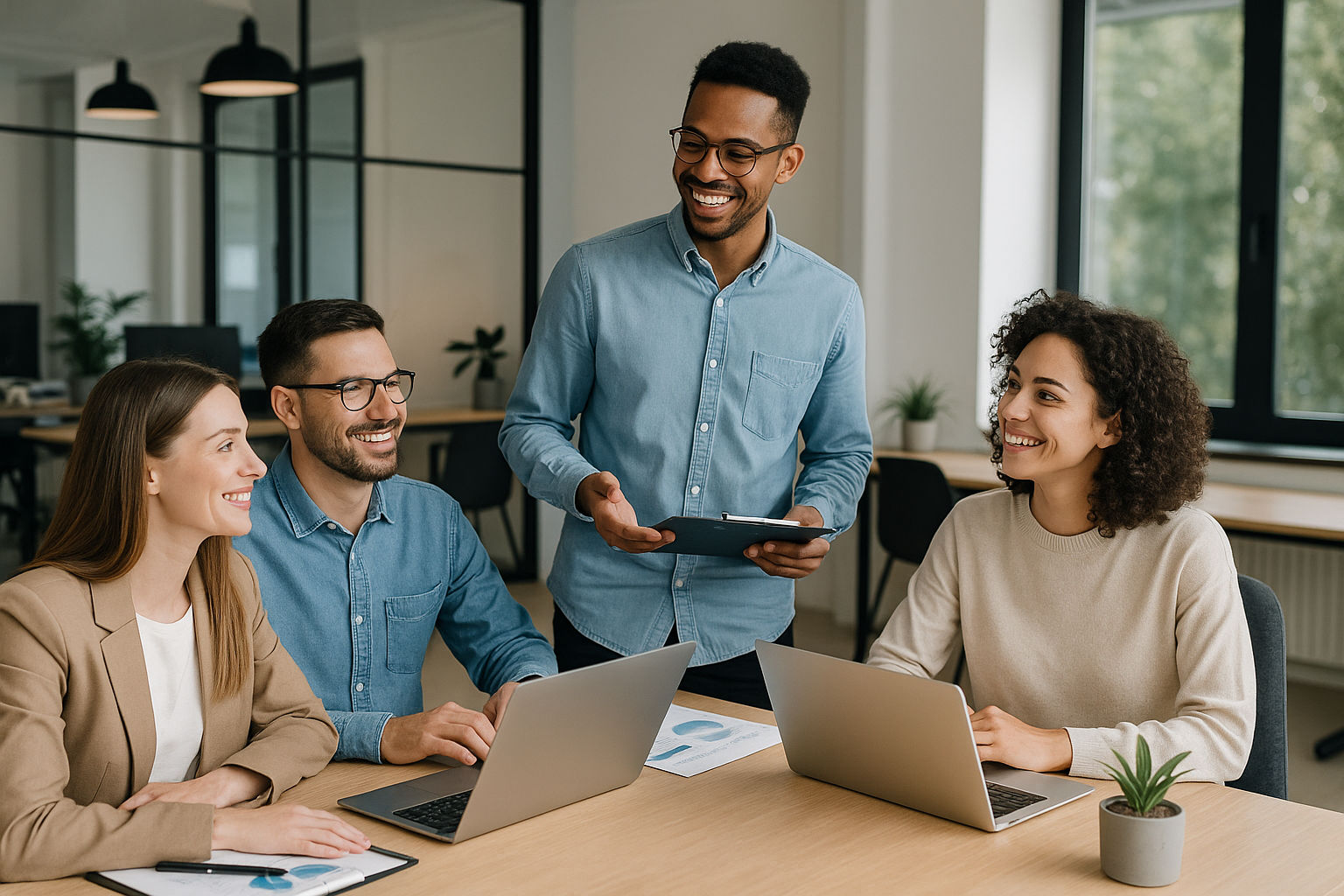 Equipe colaborando em escritório moderno